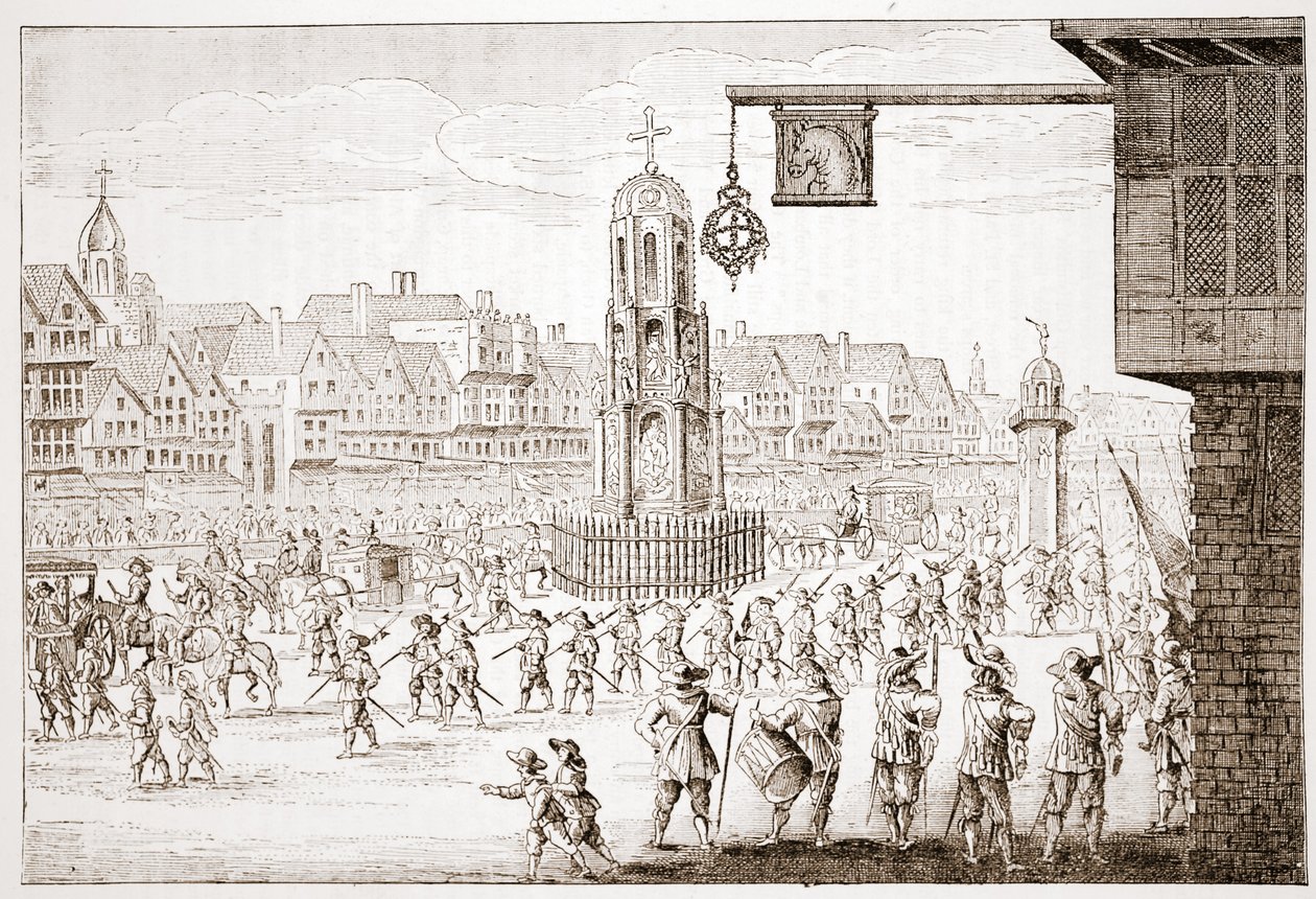 Starożytny widok Cheapside, z La Serres Entree de la Revne Mere du Roy, przedstawiający procesję Marii Medycejskiej autorstwa English School