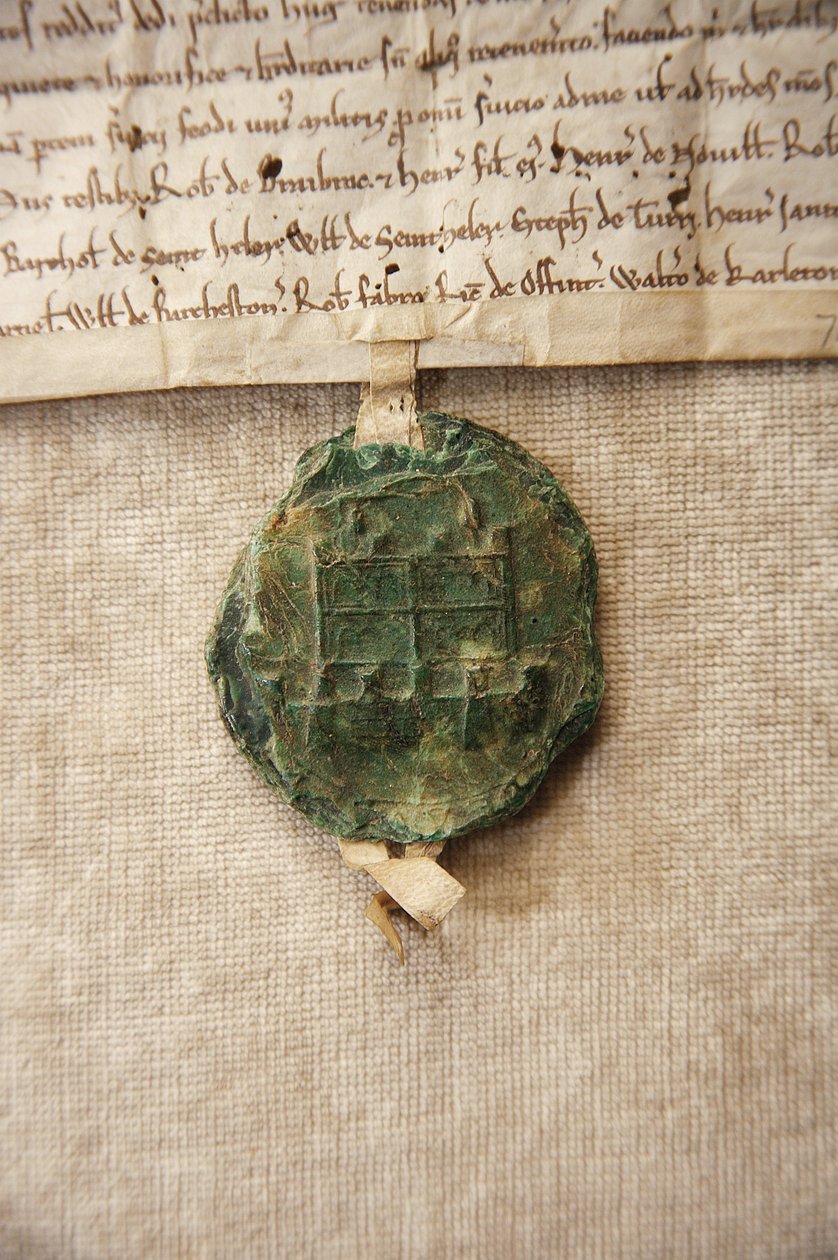 Starożytna pieczęć z wizerunkiem pierwotnego zamku, wykonana dla Williama de Albini IV, ok. 1267 (papier i wosk) autorstwa English School