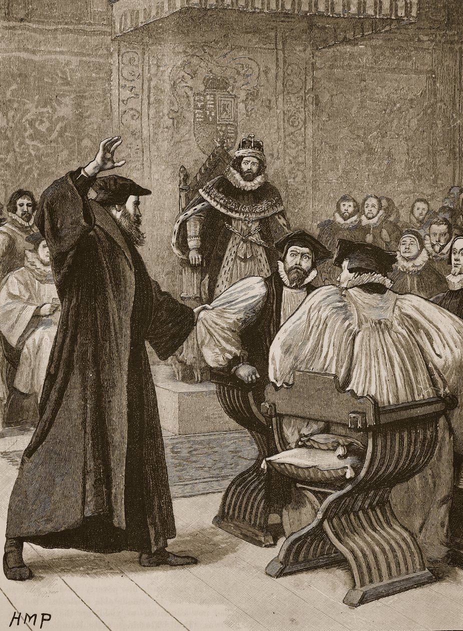 Andrew Melville przed Szkocką Tajną Radą, ilustracja z Cassells Illustrated History of England (zdjęcie w sepii) autorstwa English School