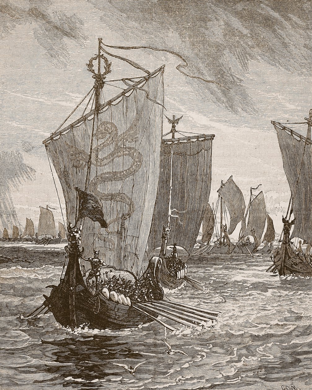 Anlaff wjeżdżający do Humber, ilustracja z Cassells Illustrated History of England (zdjęcie w sepii) autorstwa English School