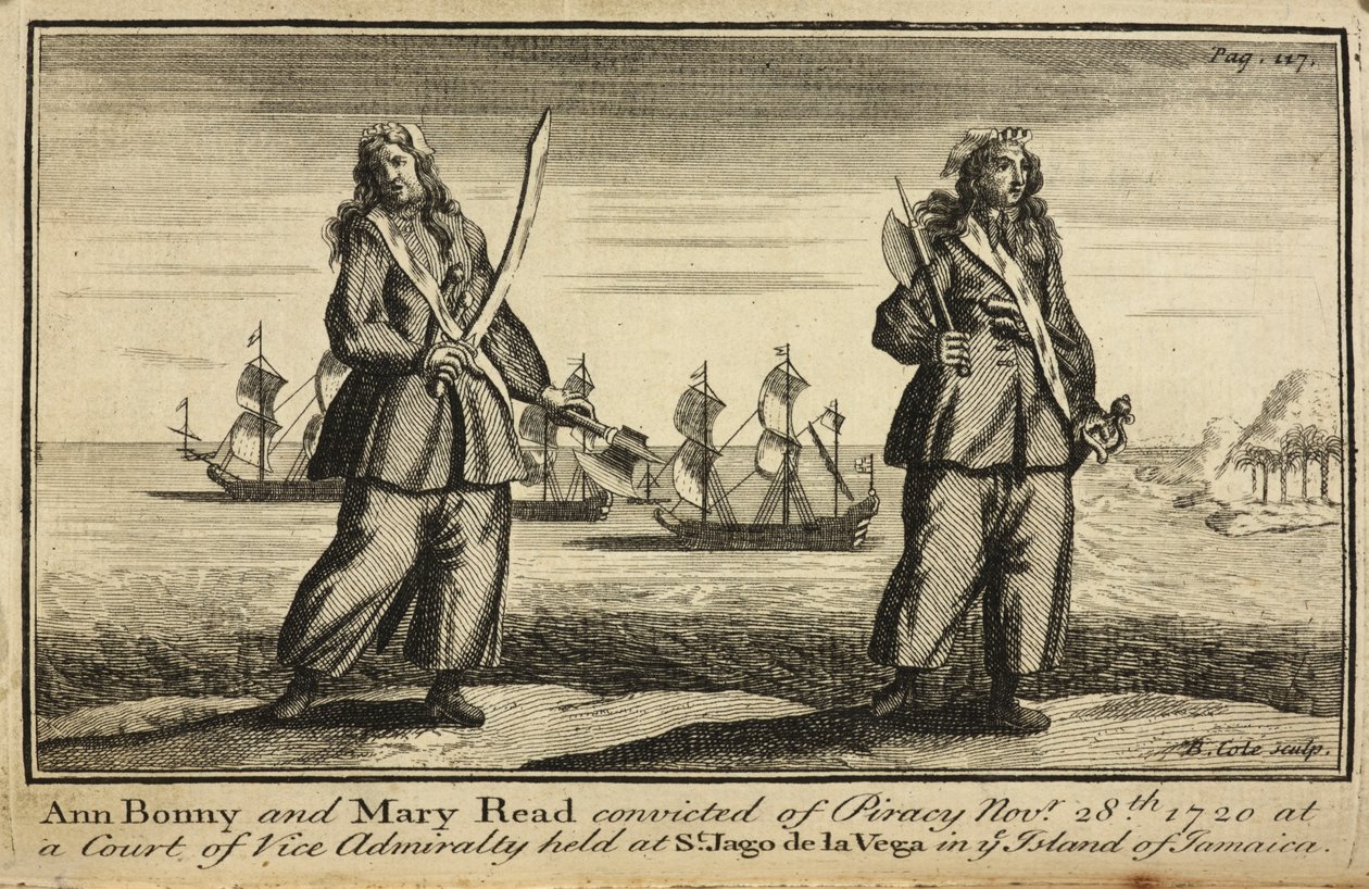 „Ann Bonny i Mary Read skazani za piractwo 28 listopada 1720 r. na sądzie wiceadmiralicji, który odbył się w St. Jago de la Vega na wyspie Jamajka” autorstwa English School