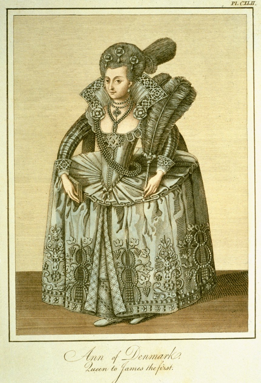 Anna Duńska (1574-1619) żona Jakuba I, ilustracja z The Complete View of the Dress and Habits of the People of England, tom II, opublikowany 1799 autorstwa English School