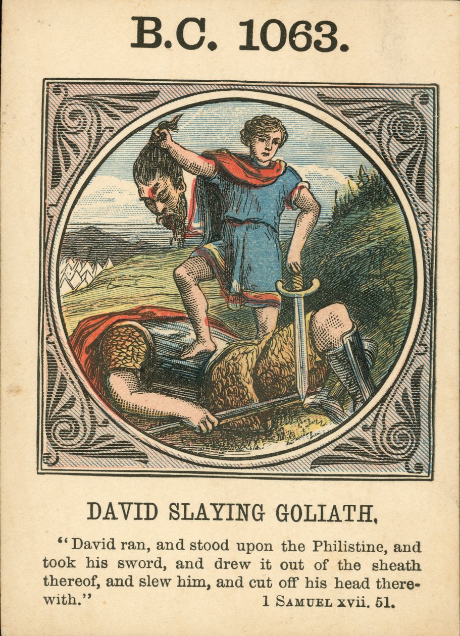Anno Mundi: BC 1063, Dawid zabijający Goliata (kolorowa litografia) autorstwa English School