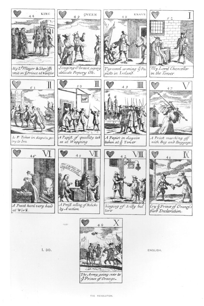 Antykatolickie karty do gry upamiętniające Chwalebną Rewolucję 1688 r., garnitur w serce autorstwa English School