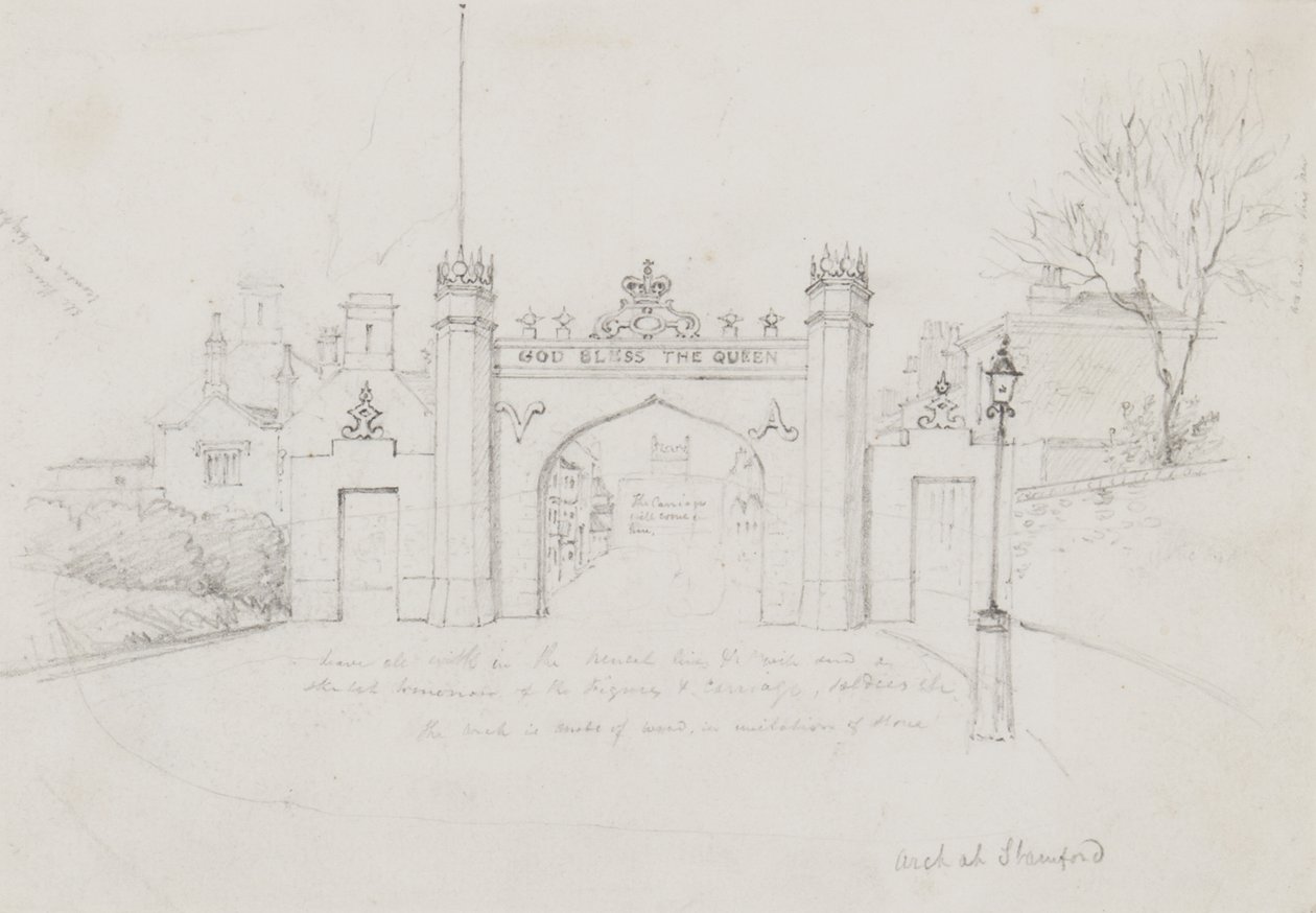 Łuk w Stamford, wzniesiony w celu powitania królowej Wiktorii i księcia Alberta w drodze do Burghley House (ołówek na papierze) autorstwa English School