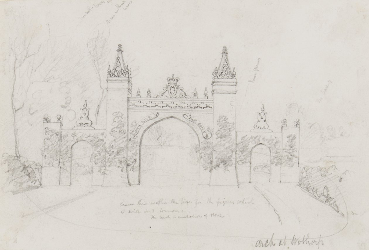 Arch w Wothorp, Cambridgeshire, wzniesiony w celu powitania królowej Wiktorii i księcia Alberta w drodze do Burghley House autorstwa English School