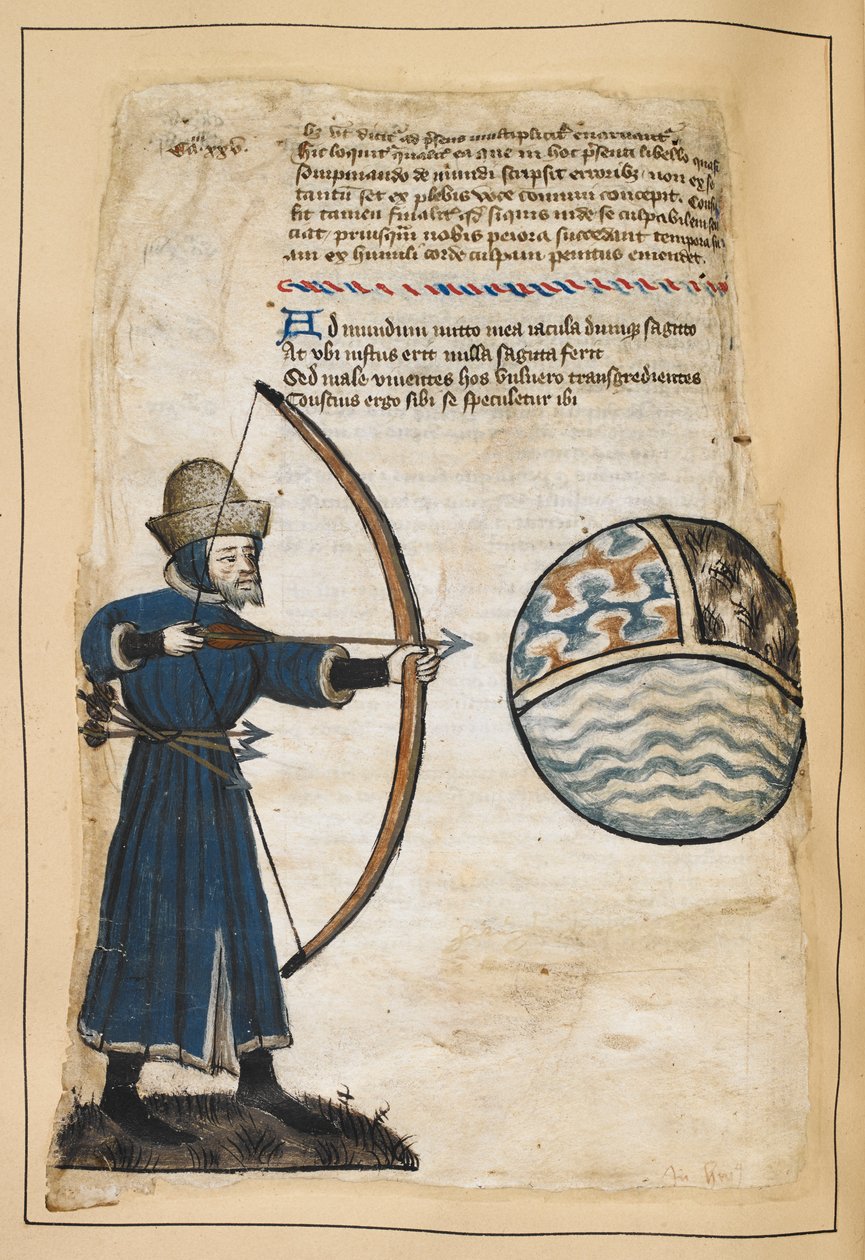 Archer (John Gower?) strzelający strzałami w świat, aby uderzyć niegodziwych, ilustracja z „Vox Clamantis”, autorstwa Johna Gowera, c.1408 (wellum) autorstwa English School