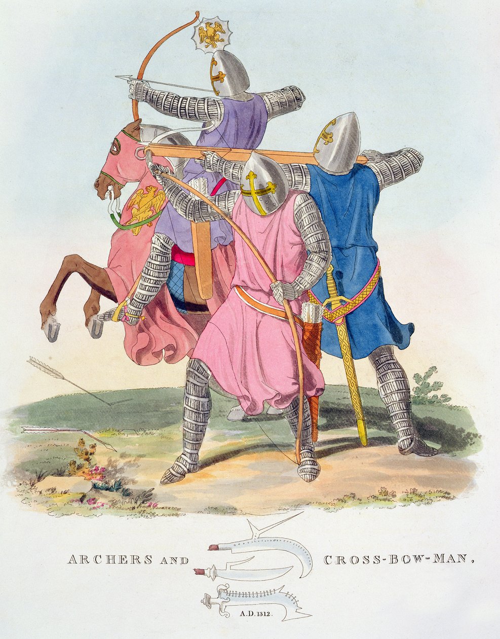 Łucznicy i kusznik, 1312, ze starożytnej zbroi Samuela Rusha Meryricka, 1824 autorstwa English School