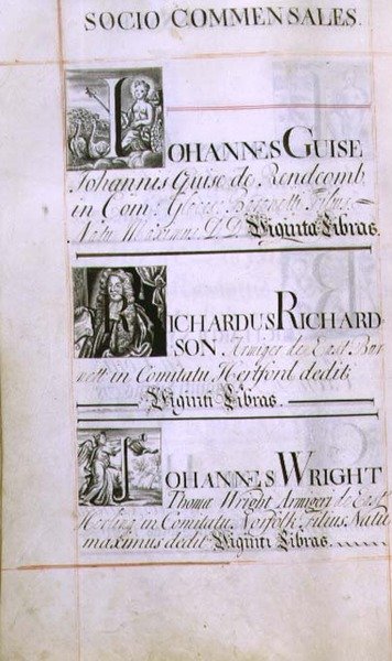 Archiwum 3693 f.60v Strona wymieniająca trzech dobroczyńców New College w Oksfordzie; Johannes Guise, Richardus Richardson i Johannes Wright, z Księgi dobrodziejstw, 16812-84 (pióro i atrament) autorstwa English School