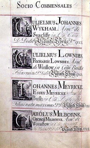 Archiwum 3693 f.94v Strona wymieniająca czterech dobroczyńców z New College w Oksfordzie; Gulielmus Johannes Wykham, Gulielmus Lowndes, Johannes Meyricke i Carolus Milborne autorstwa English School