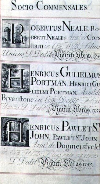 Archiwum 3693 f.95 Strona wymieniająca trzech dobroczyńców New College w Oksfordzie; Robertus Neale, Henricus Gulislmus Portman i Henricus Pawlet St. John autorstwa English School