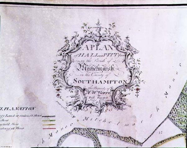 Archiwum 5629 Kartusz opisowy z mapy z napisem „Plan farm Hall i Pitt w parafii Mitchelmarsh w hrabstwie Southampton, własność pana W. Goffe, autorstwa Richarda Randalla, geodety”. autorstwa English School