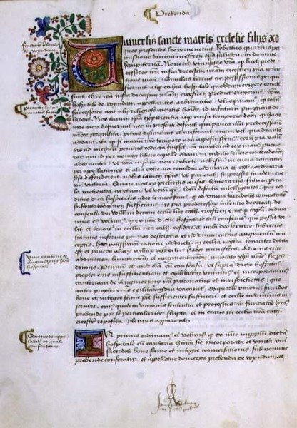 Archiwum 9432 f.17v Strona tekstu z iluminowanym inicjałem, z Księgi Fundacji Roberta Sherborne lub Shirburn (ok.1450-1536) Biskup Chichester (welum) autorstwa English School