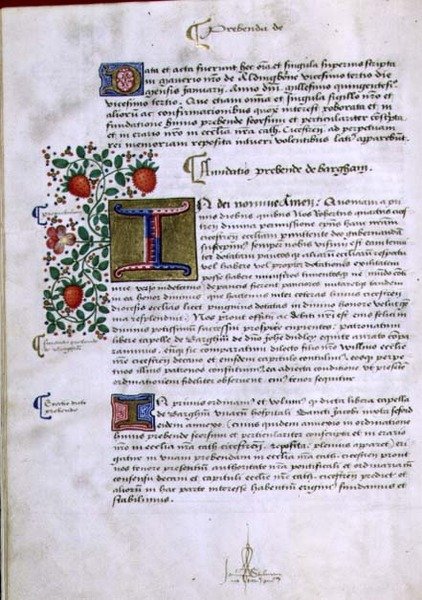 Archiwum 9432 f.19v Strona tekstu z iluminowanym inicjałem „I”, z Księgi Fundacji Roberta Sherborne lub Shirburn (ok.1450-1536) Biskup Chichester (welum) autorstwa English School