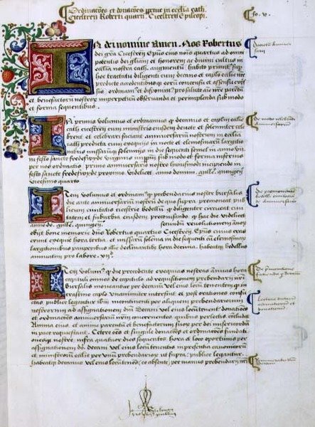 Archiwum 9432 f.5 Strona tekstu z iluminowanym inicjałem „I”, z Księgi Fundacji Roberta z Sherborne lub Shirburn (ok.1450-1536) Biskup Chichester (wellum) autorstwa English School