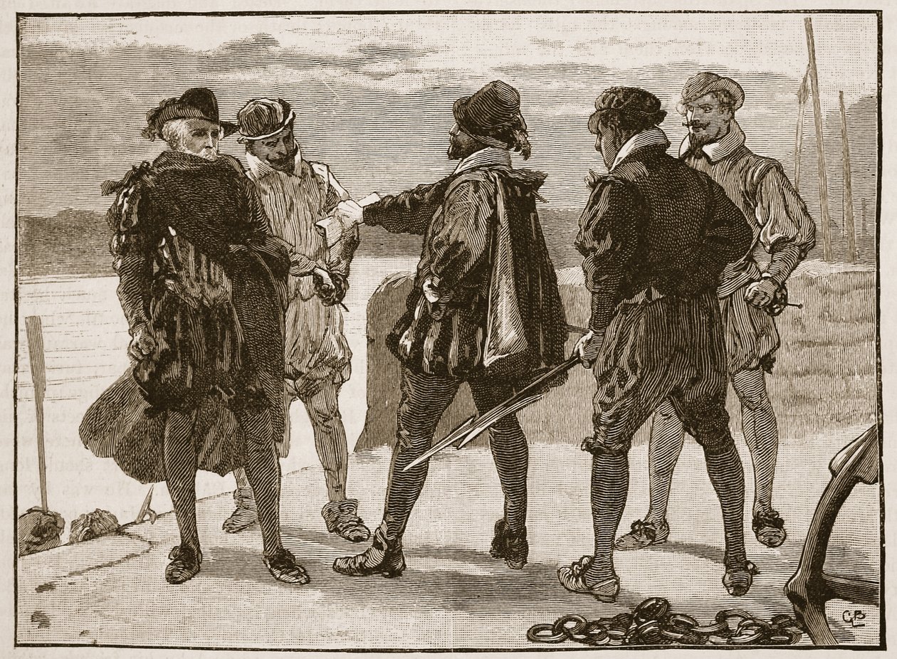 Aresztowanie Sir Waltera Raleigha, ilustracja z Cassells Illustrated History of England (zdjęcie w sepii) autorstwa English School