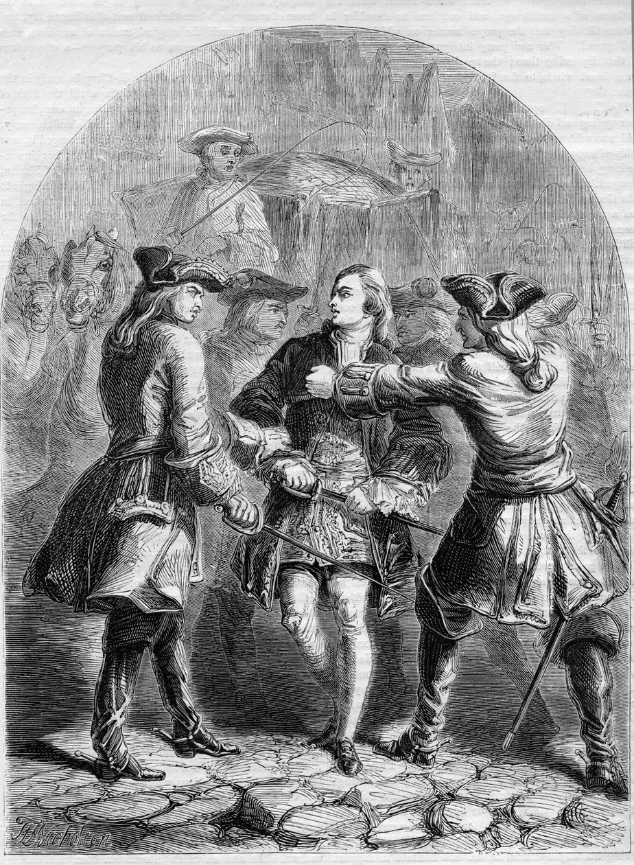 Aresztowanie młodego pretendenta w Paryżu, ilustracja z „Ilustrowanej historii Anglii Johna Cassella”, c.1858 (rycina) autorstwa English School