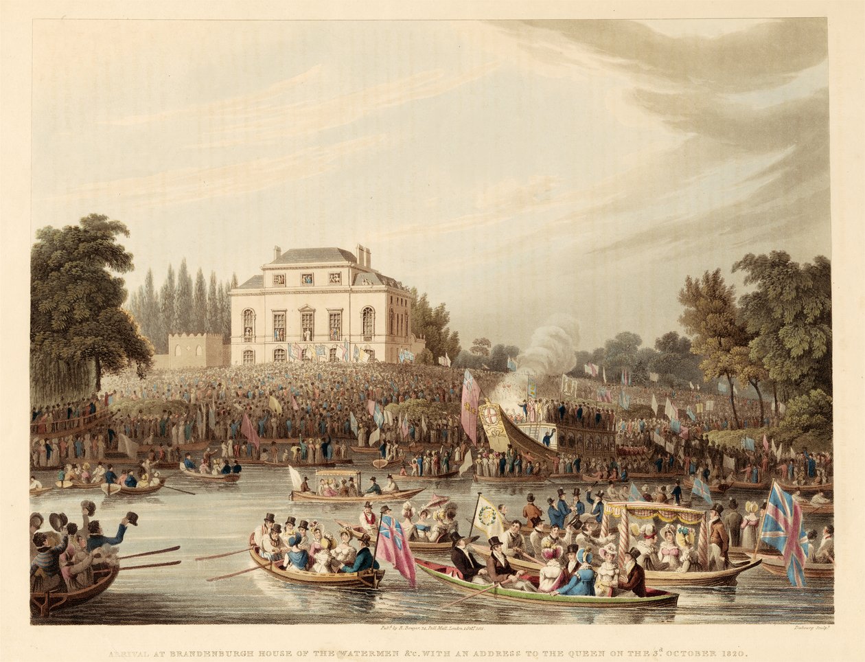 Przyjazd do Brandenburskiego Domu Wodników itp. z przemówieniem do królowej 3 października 1820, wyd. 1821 (kolorowy grawerunek) autorstwa English School