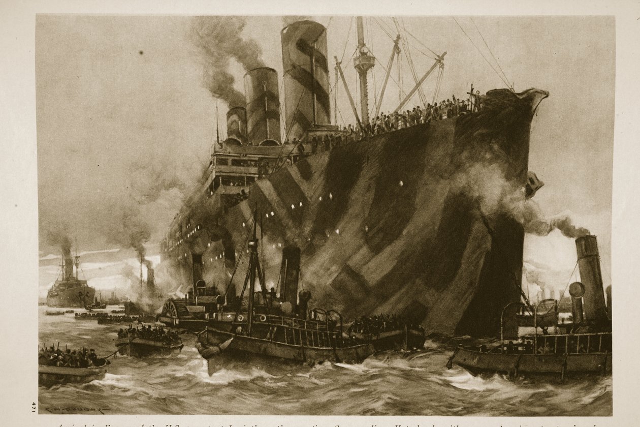Przybycie do Francji amerykańskiego transportowca Leviathan, niegdyś niemieckiego liniowca Vaterland, z 12 000 amerykańskich żołnierzy na pokładzie, 1914-19 autorstwa English School