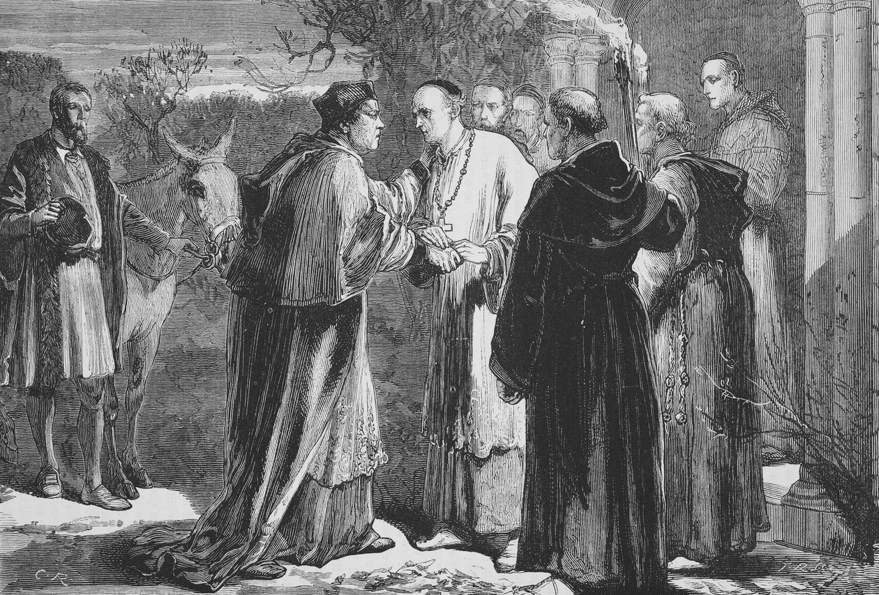 Przybycie Wolseya do opactwa w Leicester, ilustracja z Historii protestantyzmu Jamesa Aitkena Wylie (1808-1890), wyd. 1878 autorstwa English School