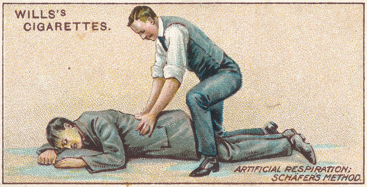 Sztuczne oddychanie, metoda Schafersa, nr 25 z serii kartek Willss Cigarettes z serii Pierwsza pomoc, 1913 autorstwa English School