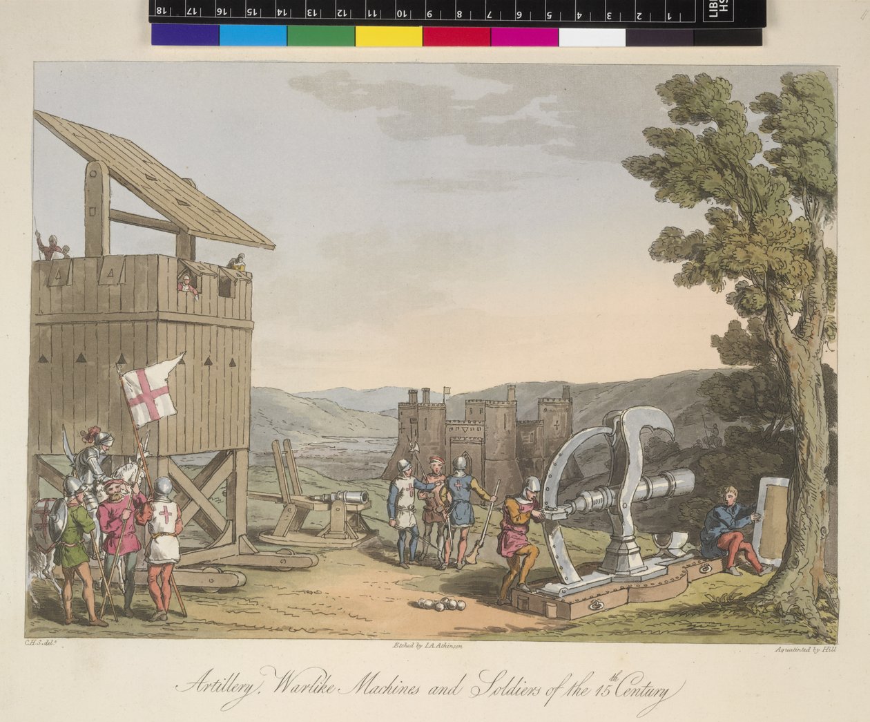 Artyleria, machiny oblężnicze i żołnierze z XV wieku, ilustracja z „Strój pierwotnych mieszkańców Wysp Brytyjskich od najwcześniejszych okresów do VI wieku...” autorstwa Sir Samuela Rusha Meyricka i C.H. Smith, opublikowany 1815 (kolor autorstwa English School