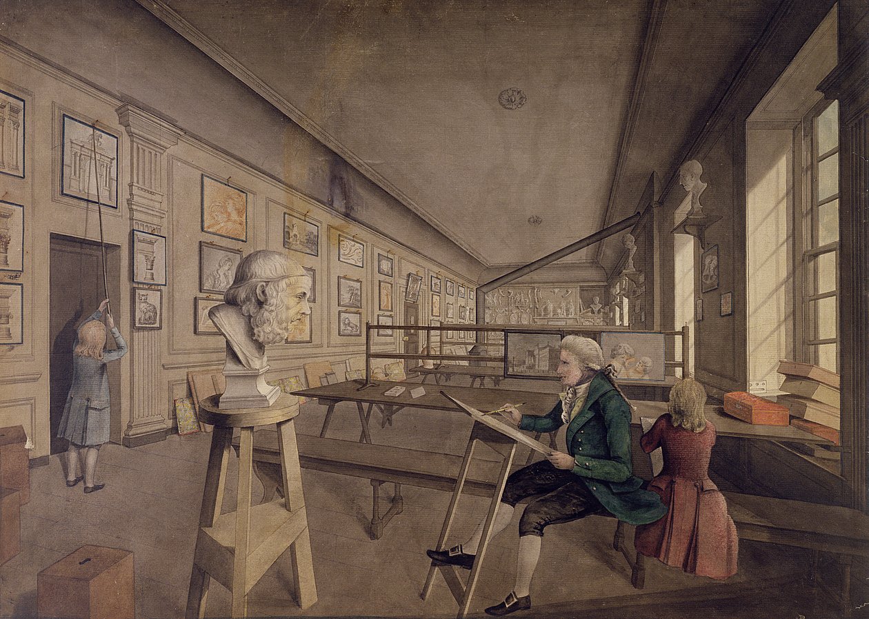 Artysta kopiujący popiersie w Królewskiej Akademii Sztuk w Somerset House, ok. 1780 (wc na papierze) autorstwa English School