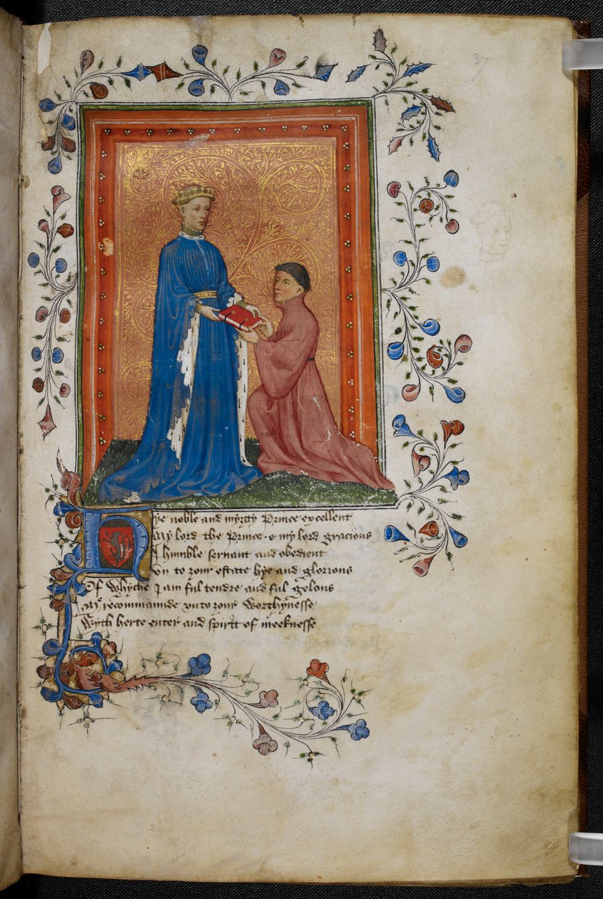 Arundel 38 f.37 Thomas Hoccleve przedstawiający swoją książkę „Regement of Princes” księciu Walii (później Henrykowi V) c.1411-13 (pióro i atrament oraz tempera na welinie) (zob. także 10048) autorstwa English School