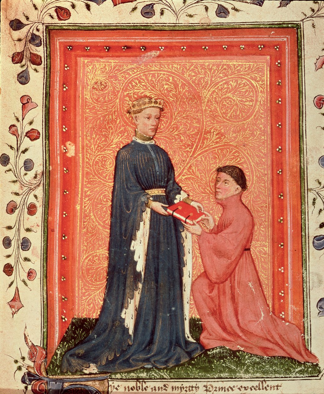 Arundel 38 f.37 Thomas Hoccleve przedstawiający swoją książkę „Regement of Princes” księciu Walii (później Henrykowi V) c.1411-13 (welum) autorstwa English School