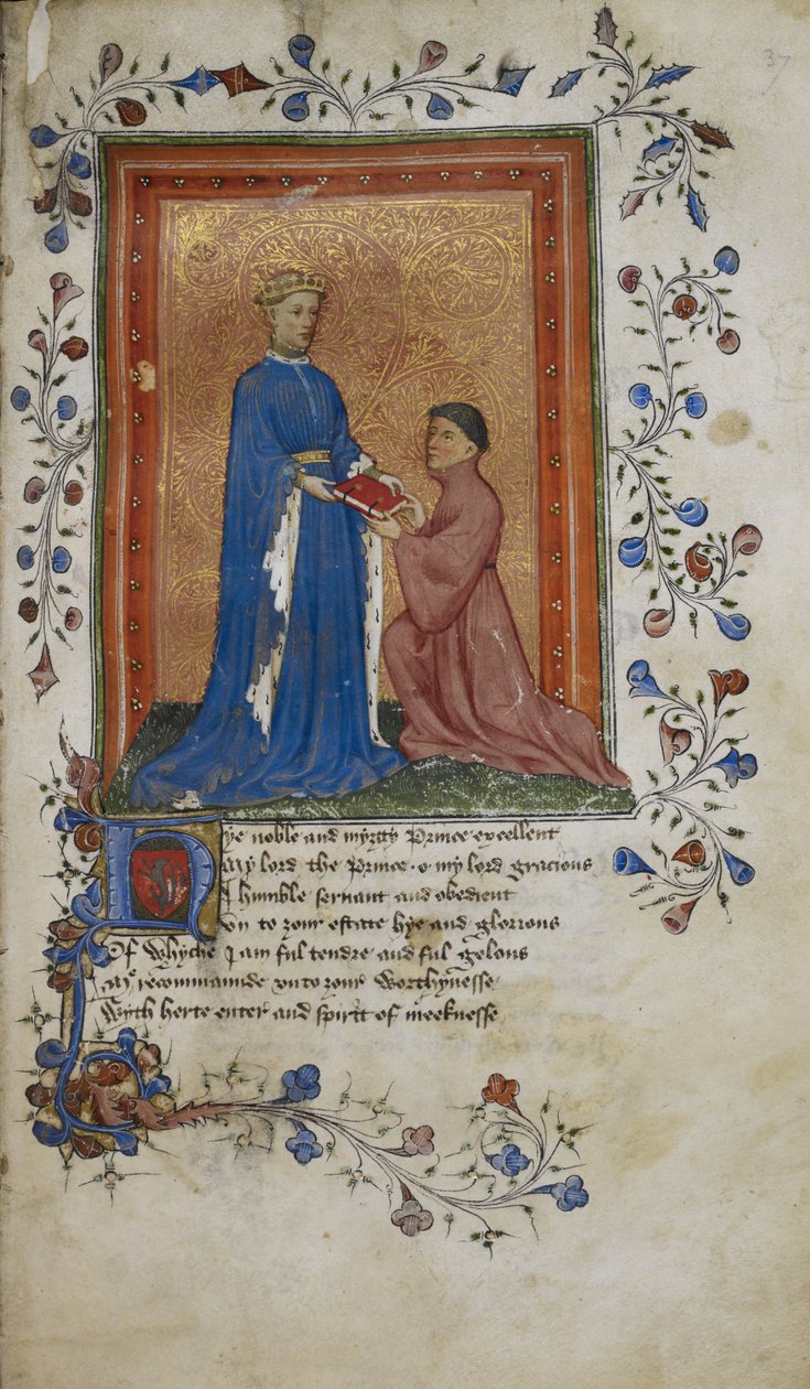 Arundel 38, f.37 Thomas Hoccleve wręcza książkę księciu Henrykowi z Lancaster, ilustracja z „De regimine principum” autorstwa English School