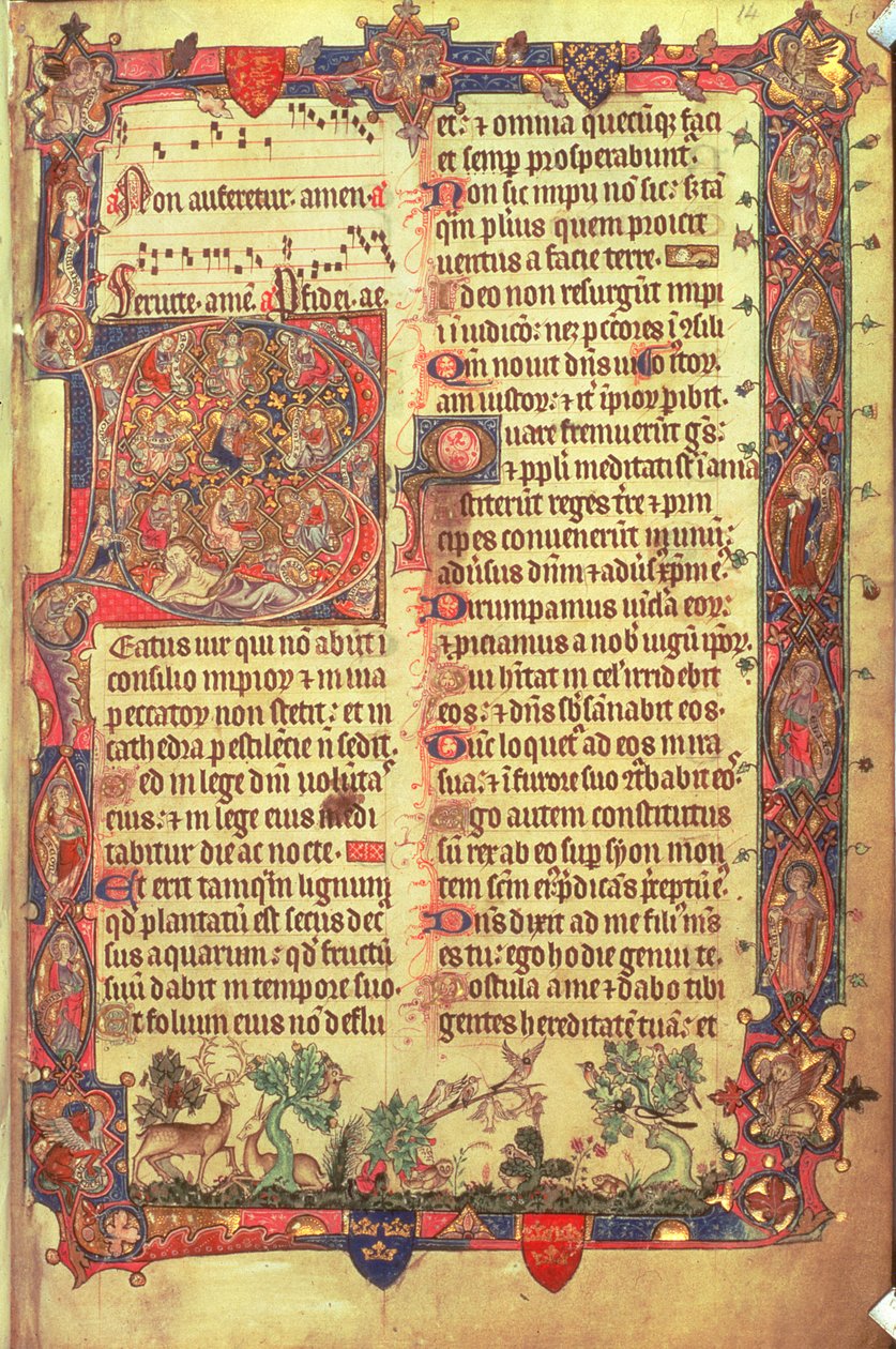 Arundel 83 f.14 Jelenie i ptaki, z psałterza Arundel, c.1310 (welum) autorstwa English School