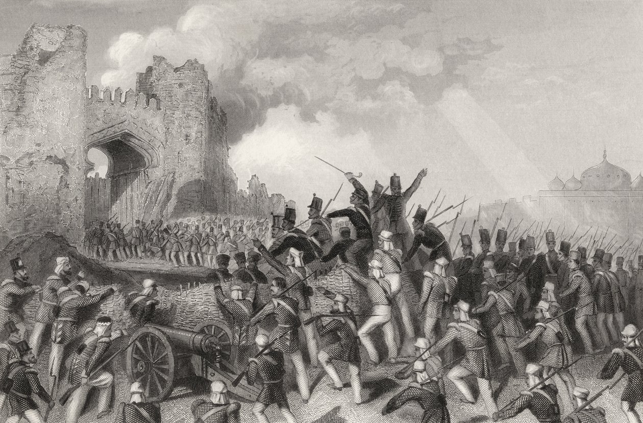 Napaść na Delhi i zdobycie Kaszmirowej Bramy 14 września 1857 r., z „Historii indyjskiego buntu” opublikowanej w 1858 r. autorstwa English School
