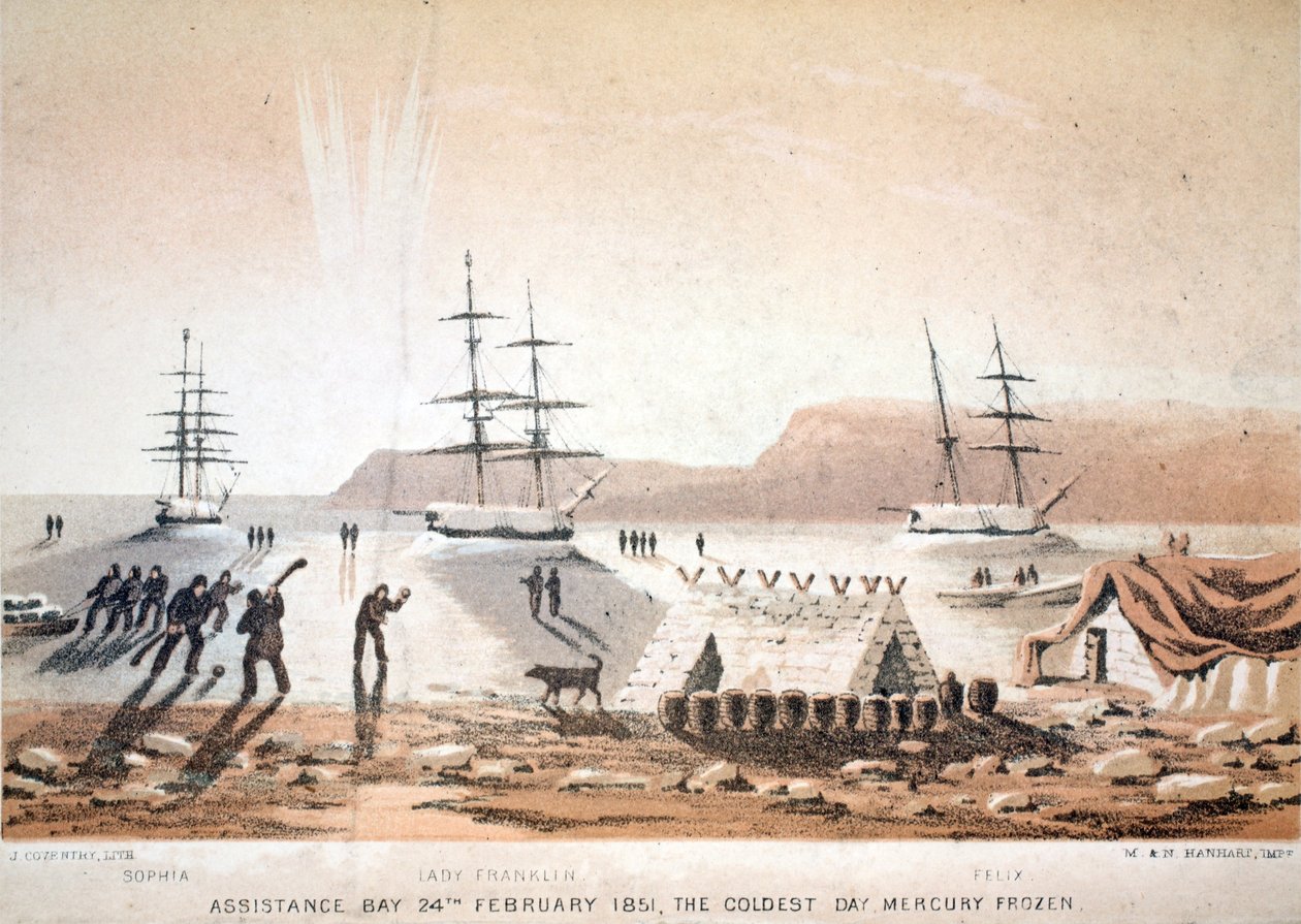 Assistance Bay, 24 lutego 1851, Najzimniejszy dzień. Merkury zamrożony, ilustracja z Podróży do Zatoki Baffinsa i Cieśniny Barrow..., 1852 (rycina ręcznie kolorowana) autorstwa English School