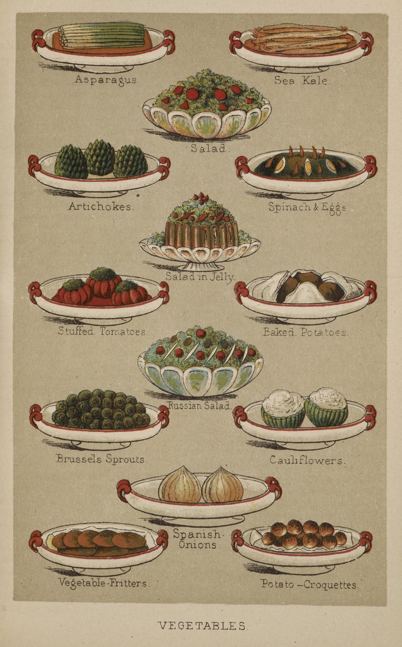 Różne dania warzywne, z „Rodzinnej księgi kucharskiej i sprzątającej pani Beeton”, autorstwa Isabelli Mary Beeton autorstwa English School