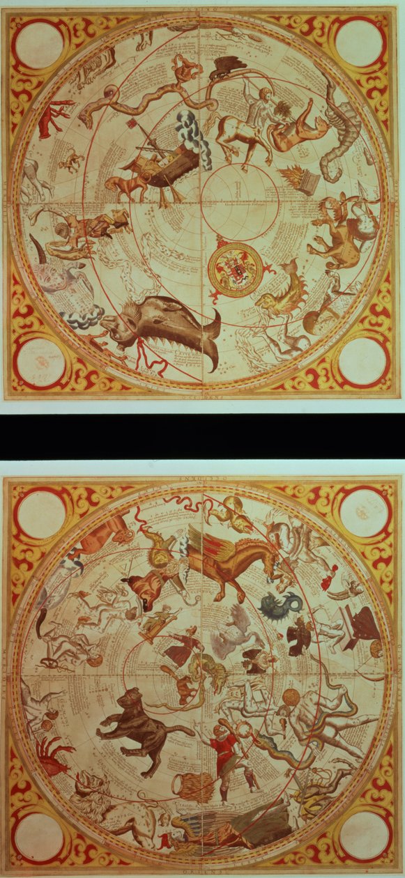 Kalendarz astrologiczny, znaki zodiaku, ok. 1660 r. (ręcznie barwiony grawerunek) autorstwa English School
