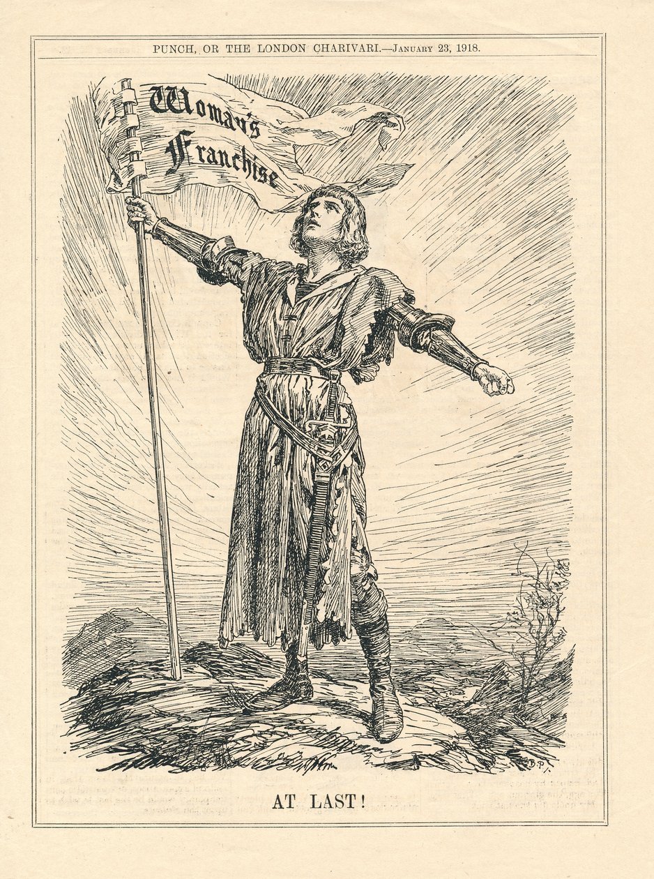 Nareszcie ilustracja przedstawiająca wojowniczkę świętującą Franczyzę Kobiety, Punch, 23 stycznia autorstwa English School