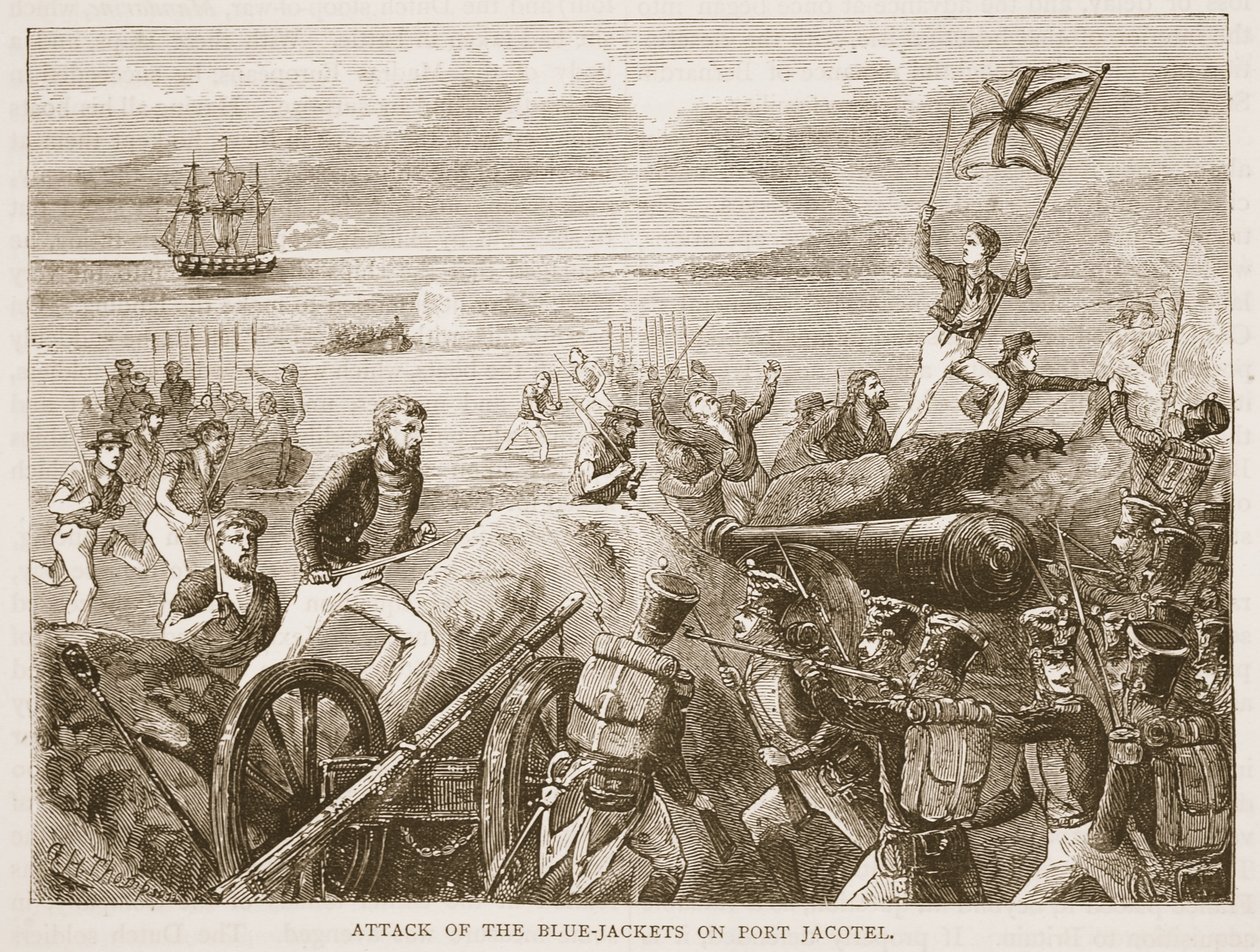 Atak niebieskich kurtek na Port Jacotel, ilustracja z Cassells Illustrated History of India autorstwa Jamesa Granta, wyd. 1879 autorstwa English School