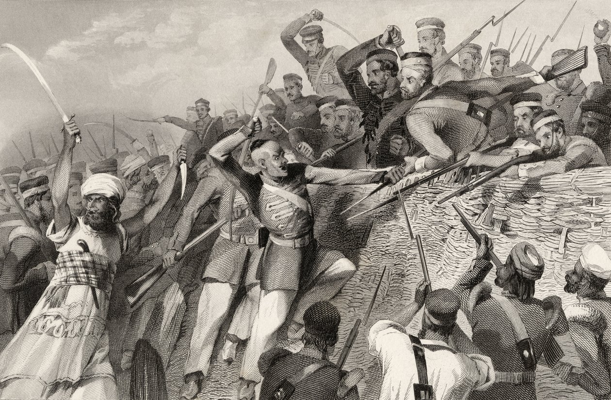 Atak buntowników na baterię Redan w Lucknow, 30 lipca 1857, z „Historii buntu indyjskiego”, opublikowanej w 1858 autorstwa English School