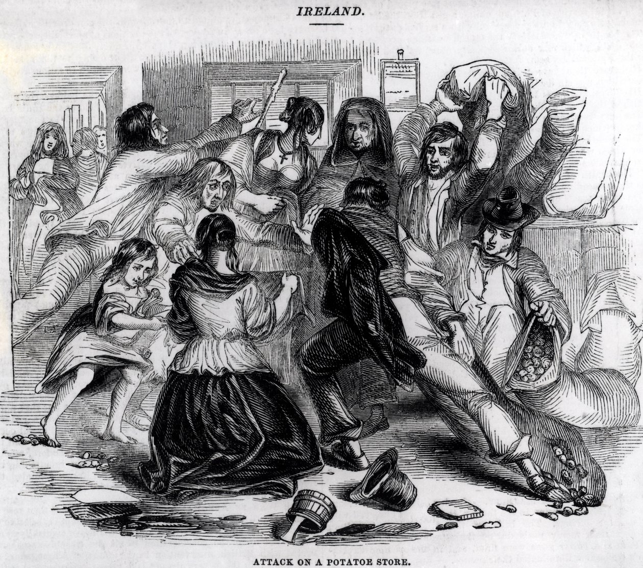 Atak na sklep z ziemniakami w Irlandii, ok. 1845 r. autorstwa English School