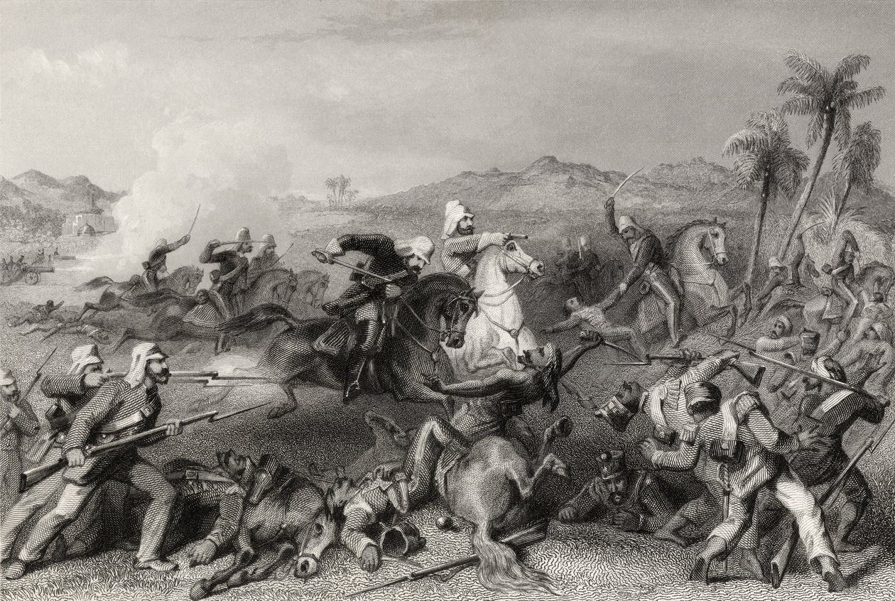 Atak nieregularnej kawalerii generała Nicholsona na buntowników z Sealcote w 1857 r., z „Historii indyjskiego buntu” opublikowanej w 1858 r. autorstwa English School