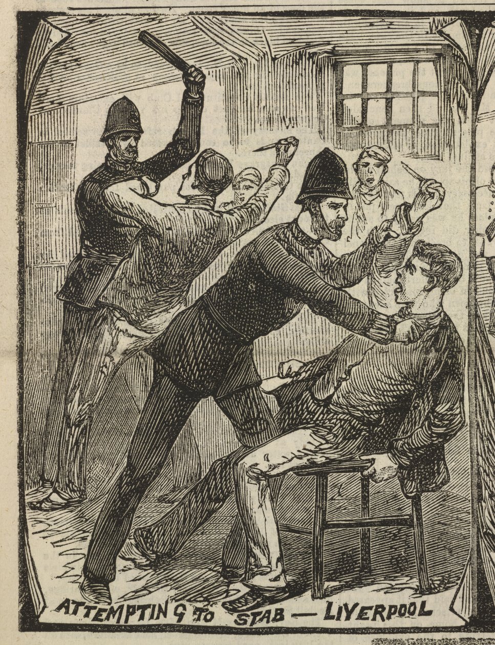 Próba dźgnięcia - Liverpool, z „Illustrated Police News”, 27 września 1884 (grawerowanie) autorstwa English School