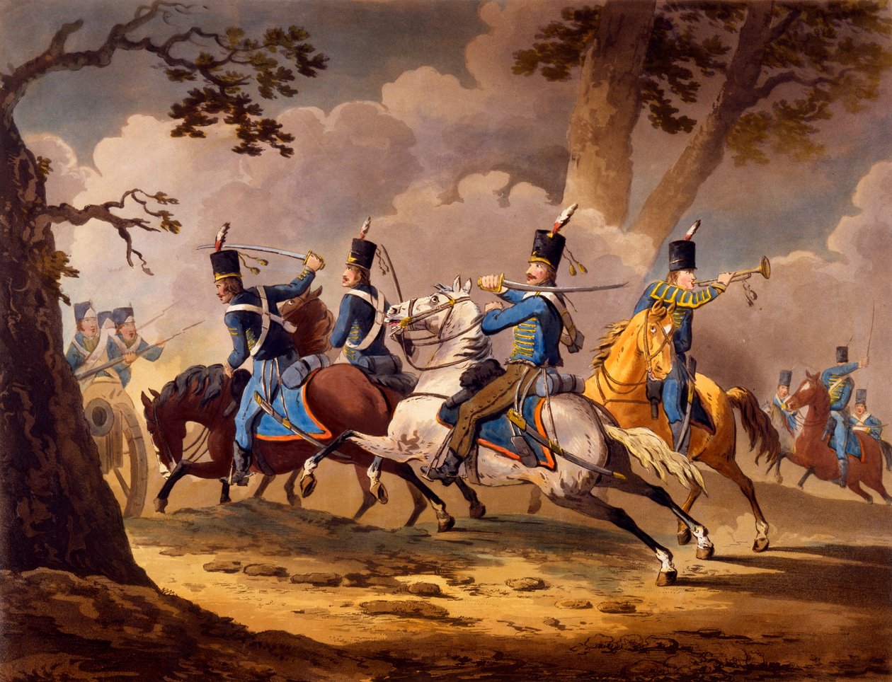 Piechota austriacka broniąca swojej artylerii przed huzarami pruskimi, z serii akcji kawalerii aliantów podczas kampanii napoleońskich wydana 1799-1802 (litografia ręcznie kolorowana) autorstwa English School