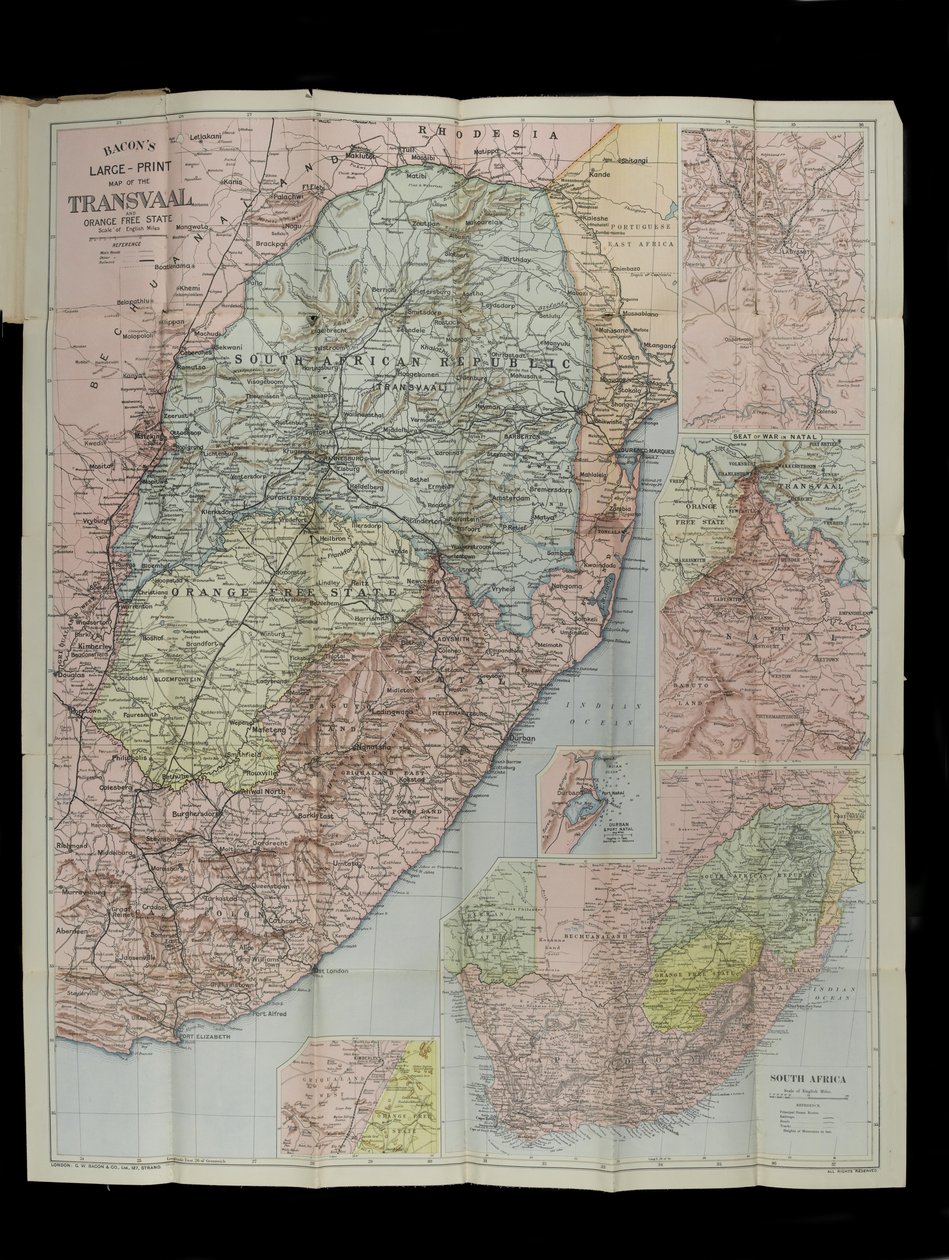 Wielkoskalowa mapa Bacon z Transwalu Orange Free State i Natal z rozszerzeniem na południe do Port Elizabeth w RPA autorstwa English School