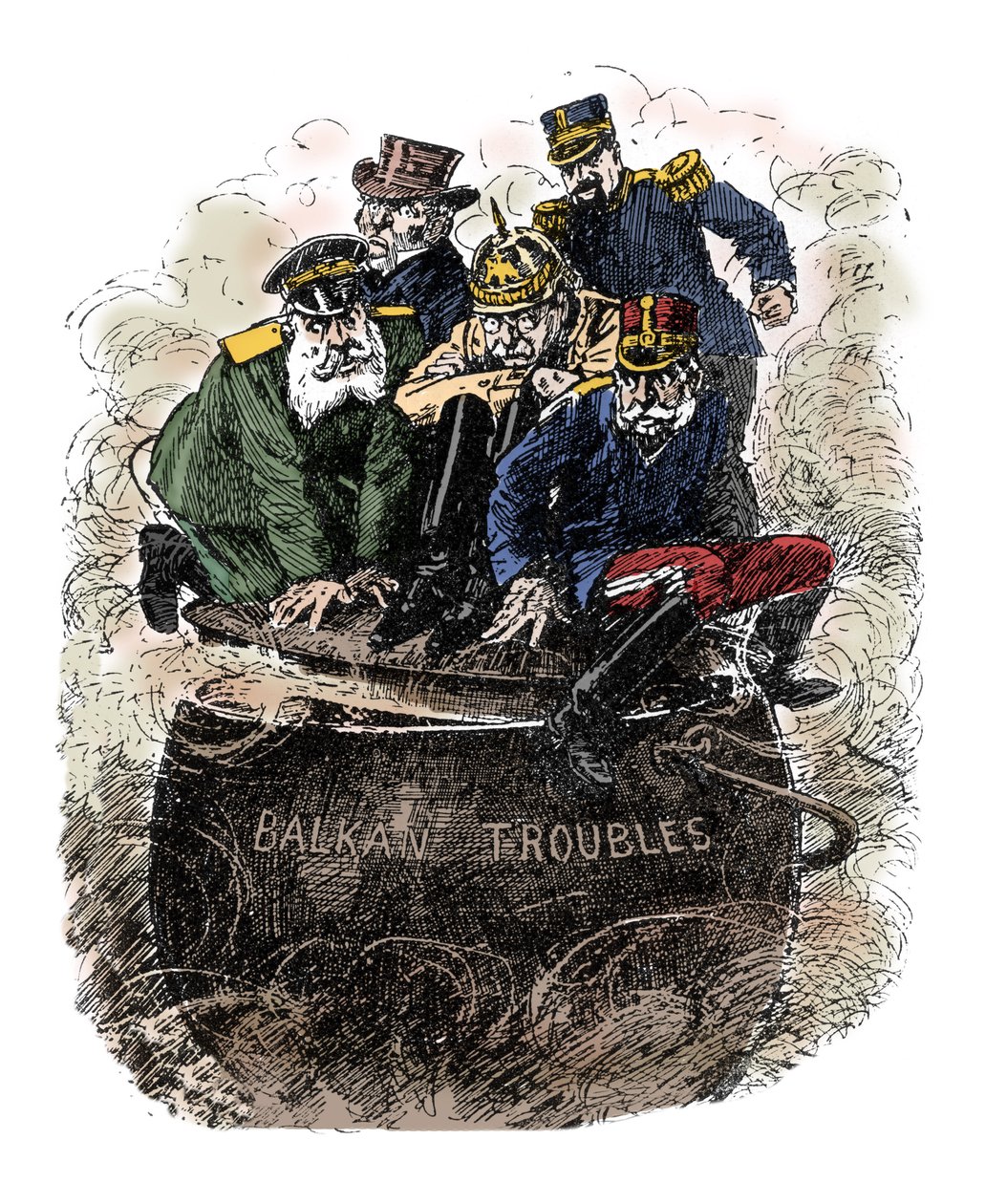 Kłopoty na Bałkanach - Główne europejskie mocarstwa reprezentowane przez Wielką Brytanię, Francję (Armand Fallieres), Rosję (Mikołaj II), Niemcy (Wilhelm II) i Austro-Węgry próbują stłumić konflikty na Bałkanach, zamykając pokrywkę wrzącego garnka podczas autorstwa English School