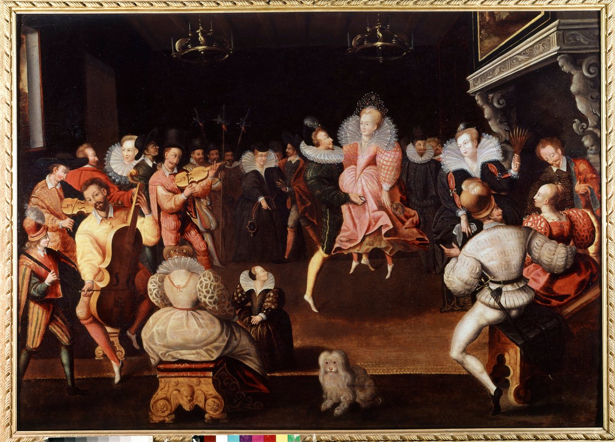 Bal na dworze Anglii Muzycy i tancerze. Malarstwo szkoły angielskiej XVI wieku. Londyn, narodowa galeria portretów. autorstwa English School