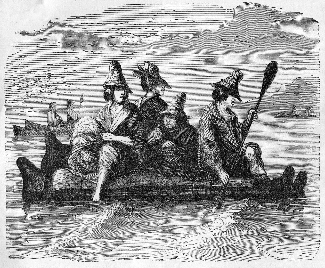 Balsas lub Boat of Skin, używana przez tubylców na amerykańskim wybrzeżu, ilustracja z „Ilustrowanej historii Anglii Johna Cassella”, 1857 autorstwa English School
