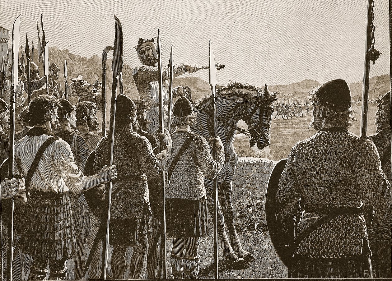 Bannockburn: Bruce przegląda swoje wojska przed bitwą, ilustracja z Cassells Illustrated History of England (zdjęcie w sepii) autorstwa English School