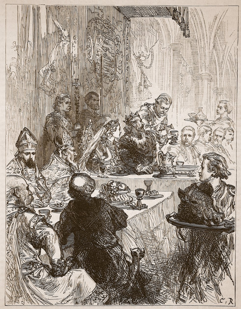 Bankiet na ślubie Henryka i Eleonory z Prowansji, ilustracja z Cassells Illustrated History of England (zdjęcie w sepii) autorstwa English School