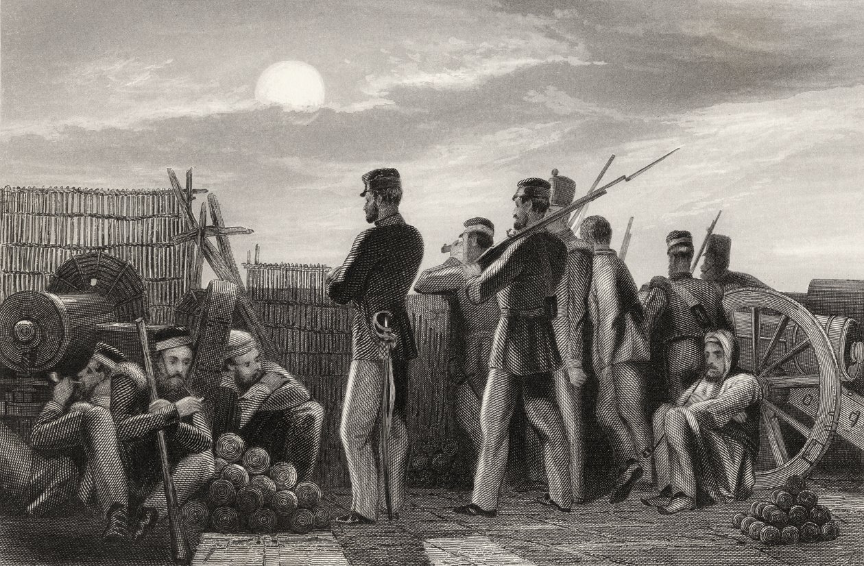 Bateria w Lucknow, obrońcy na straży, z „Historii buntu indyjskiego” autorstwa English School
