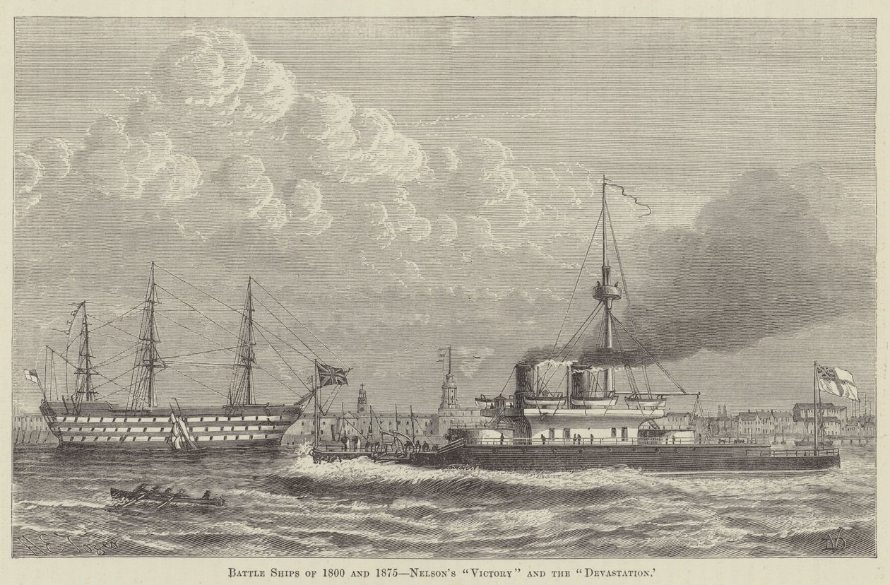 Okręty bojowe z 1800 i 1875 roku, "Victory" i "Devastation" Nelsona (rycina) autorstwa English School